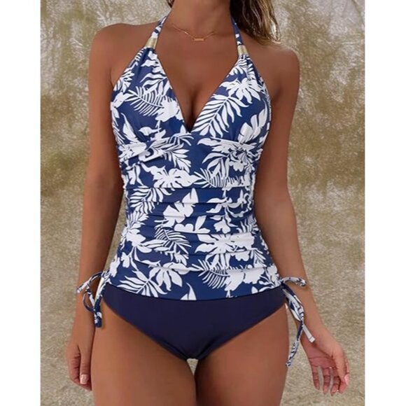 Suukess Gold Metal Sliders Floral Halter High Waisted Swimsuit Size Large - Picture 11 of 13